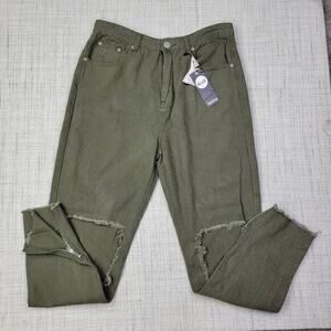 Boohoo Blue Women's Ripped Zip Hem High Rise Khaki‎ Mom Jeans Green Size 10 NWT